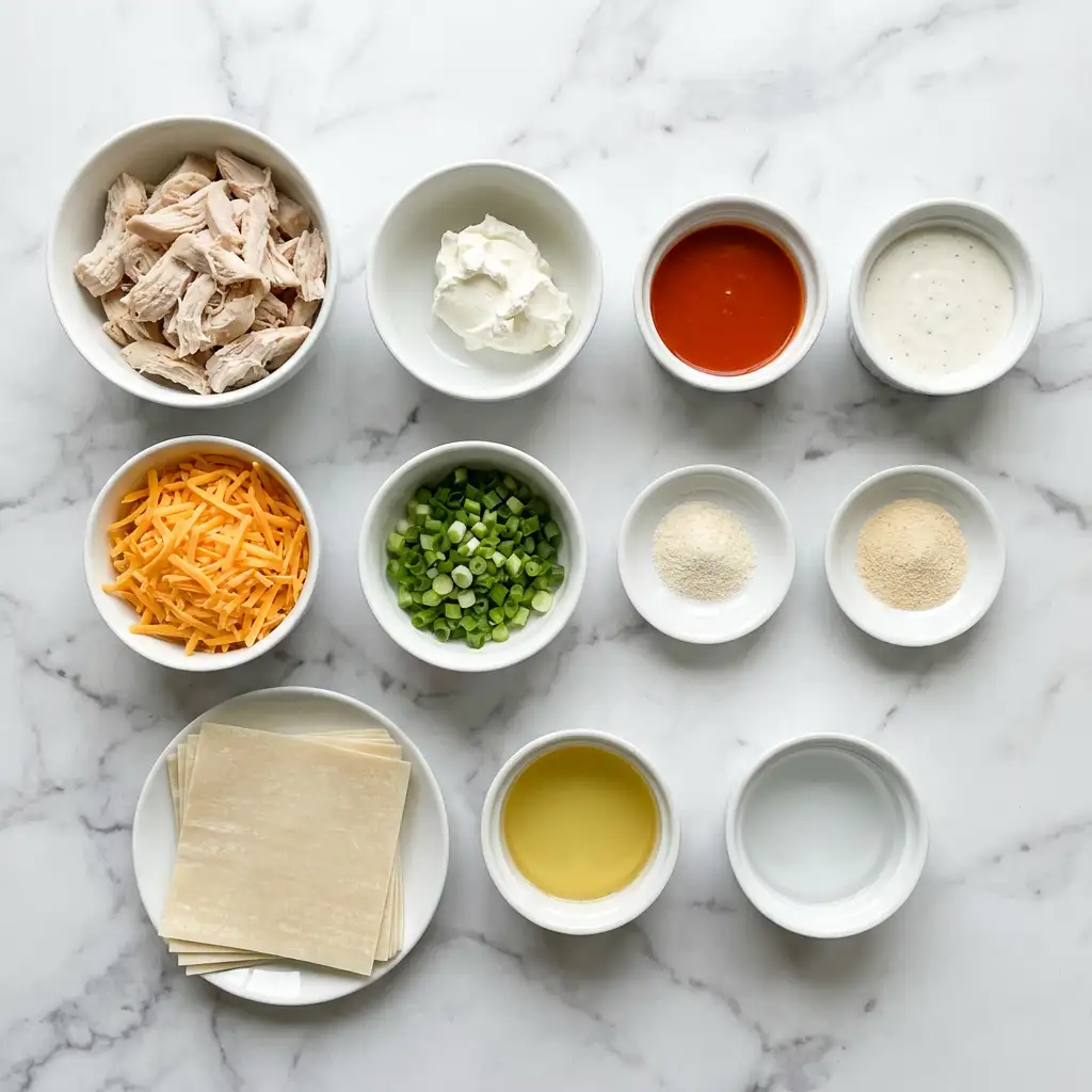 Ingredients for Buffalo Chicken Dip Egg Rolls