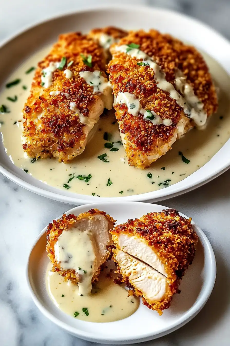 Parmesan Crusted Chicken with Creamy Garlic Sauce