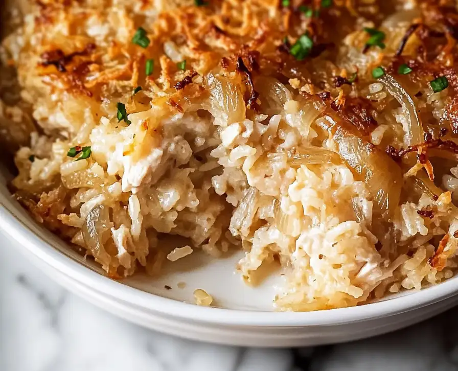 Cozy French Onion Chicken Rice Bake
