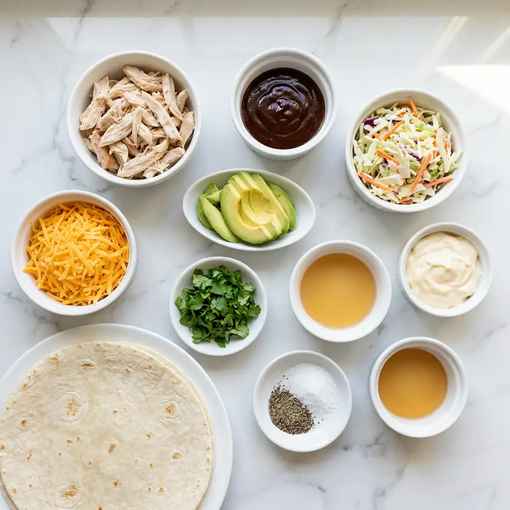 Ingredients for BBQ Chicken Coleslaw Wraps