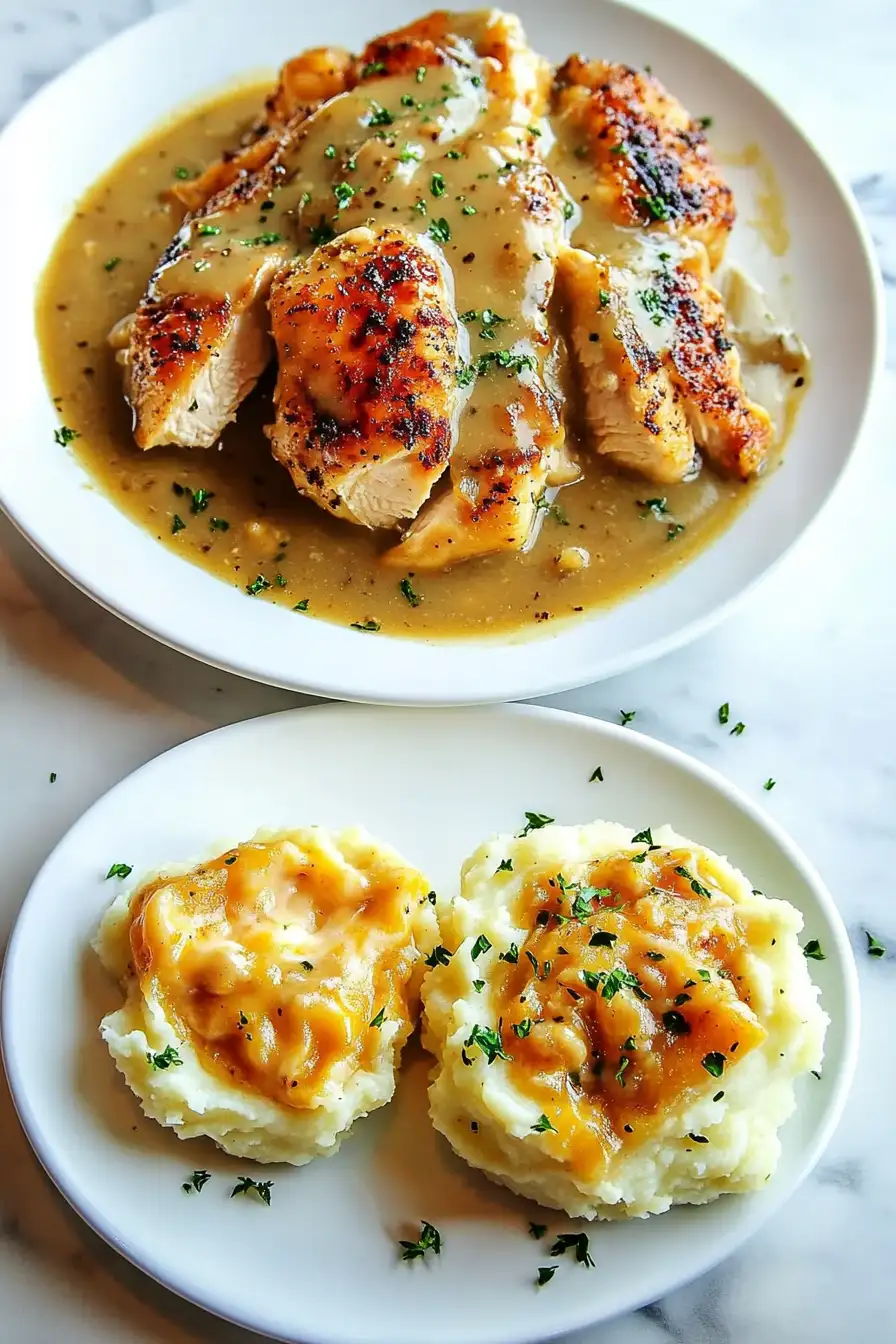 Chicken and Garlic Gravy with Cheesy Mashed Potatoes