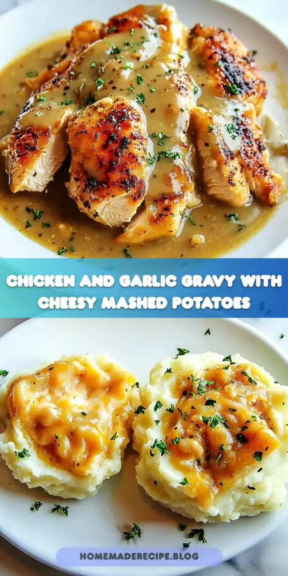 Chicken and Garlic Gravy with Cheesy Mashed Potatoes