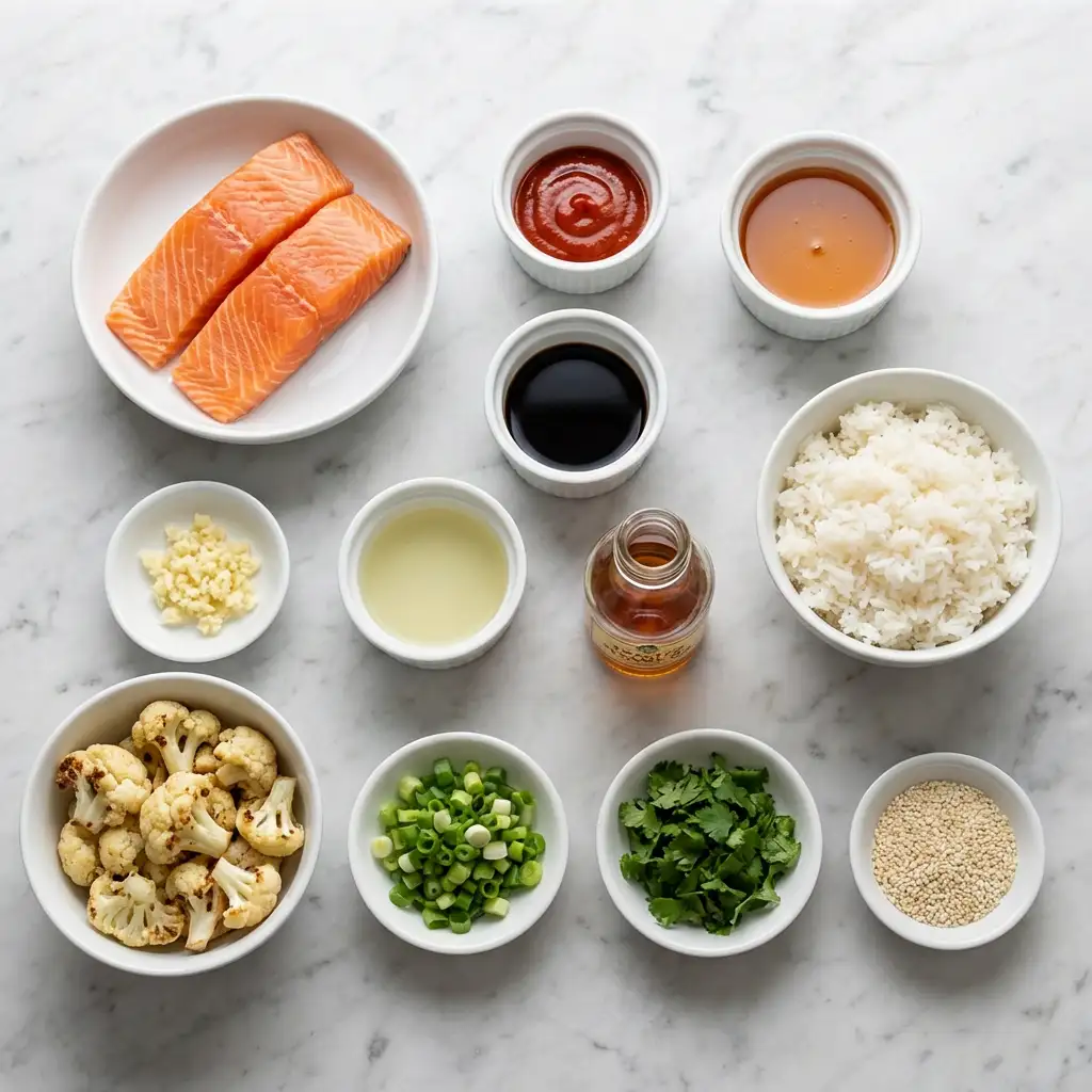 Ingredients for Sriracha Honey Salmon Bowls