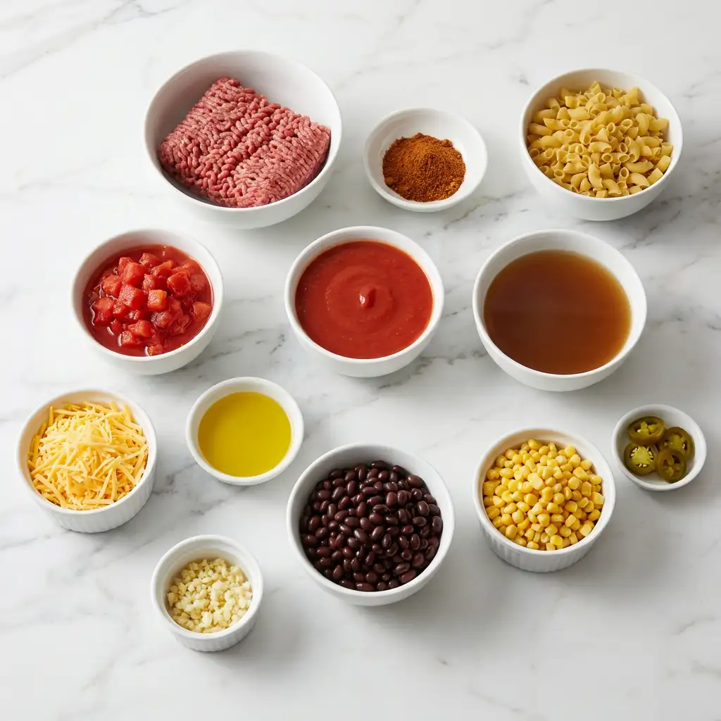 Ingredients for One Pot Beef Taco Pasta