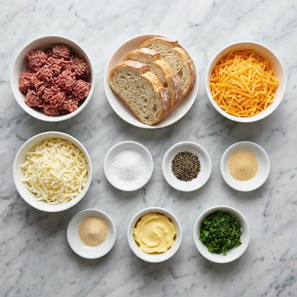 Ingredients for Ultimate Cheesy Ground Beef Melt