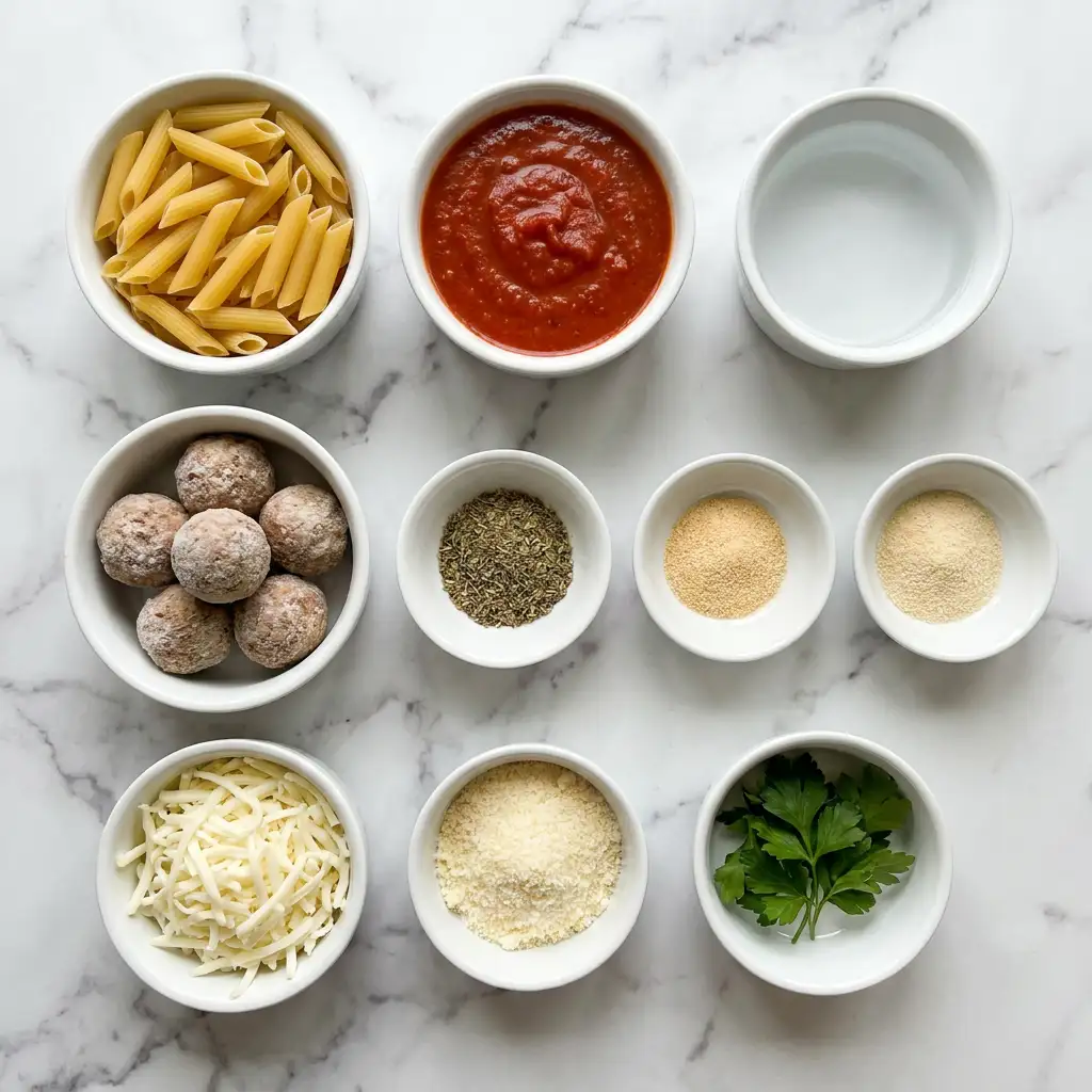 Ingredients for Dump and Bake Meatball Casserole