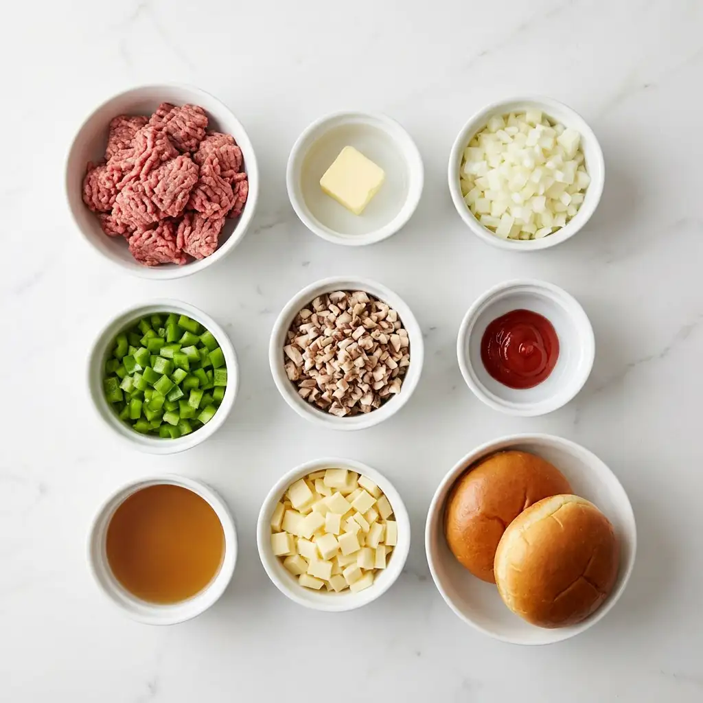 Ingredients for Gordon Ramsay Philly Cheesesteak Sloppy Joes (Ava-Style)