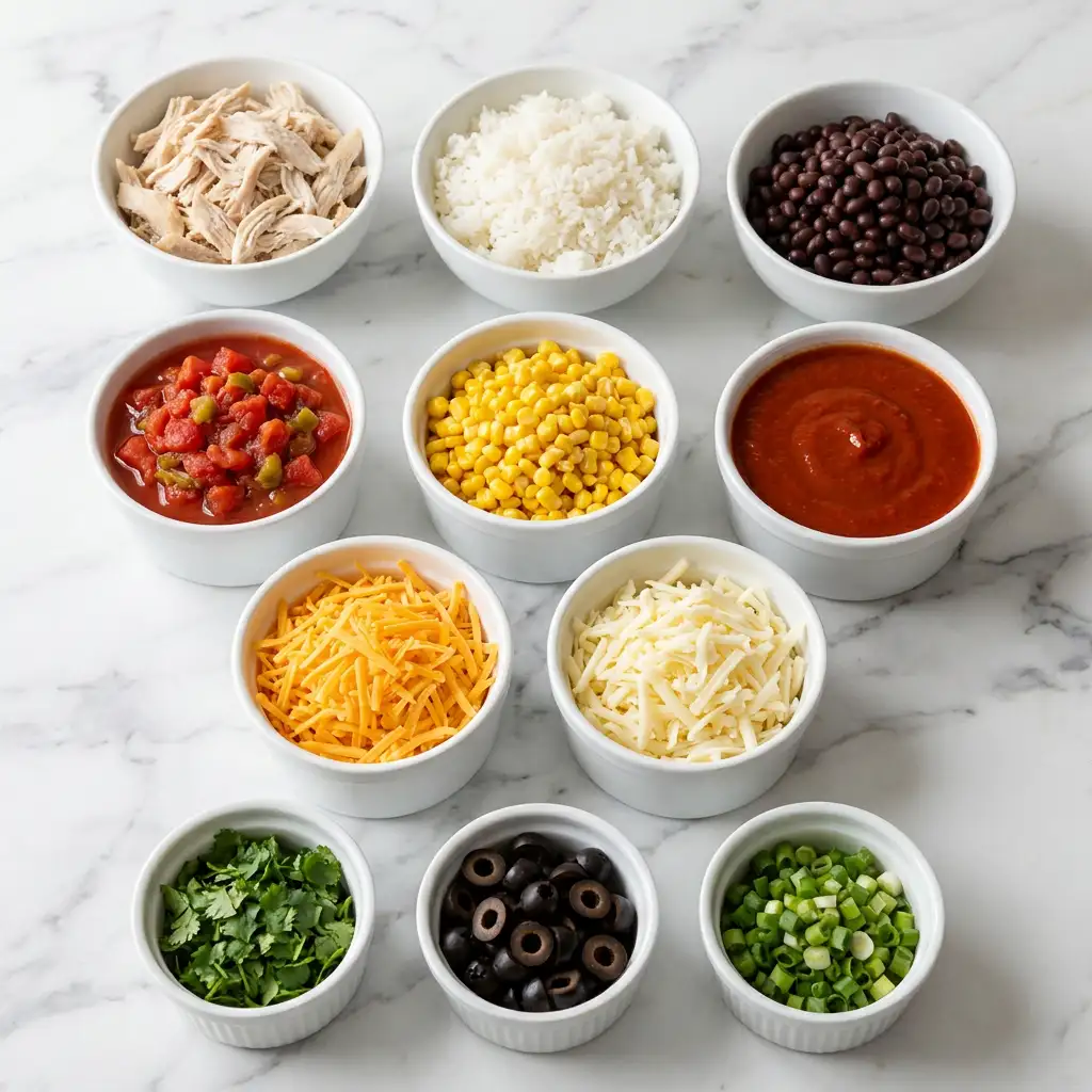 Ingredients for Chicken Enchilada Rice Casserole