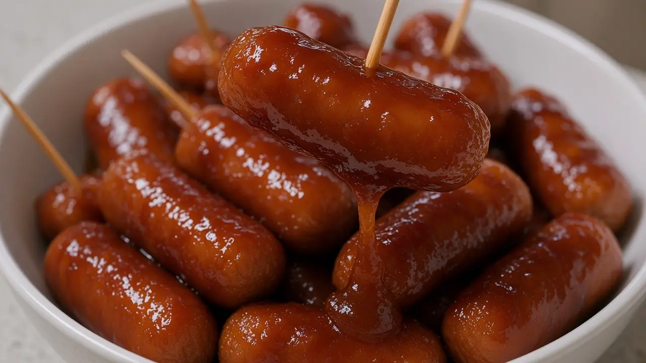 Glossy apple butter BBQ little smokie lifted on a toothpick with sauce dripping