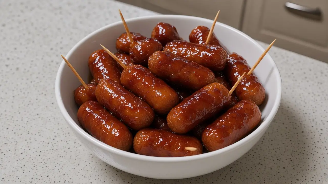 White bowl of glossy apple butter BBQ little smokies with toothpicks