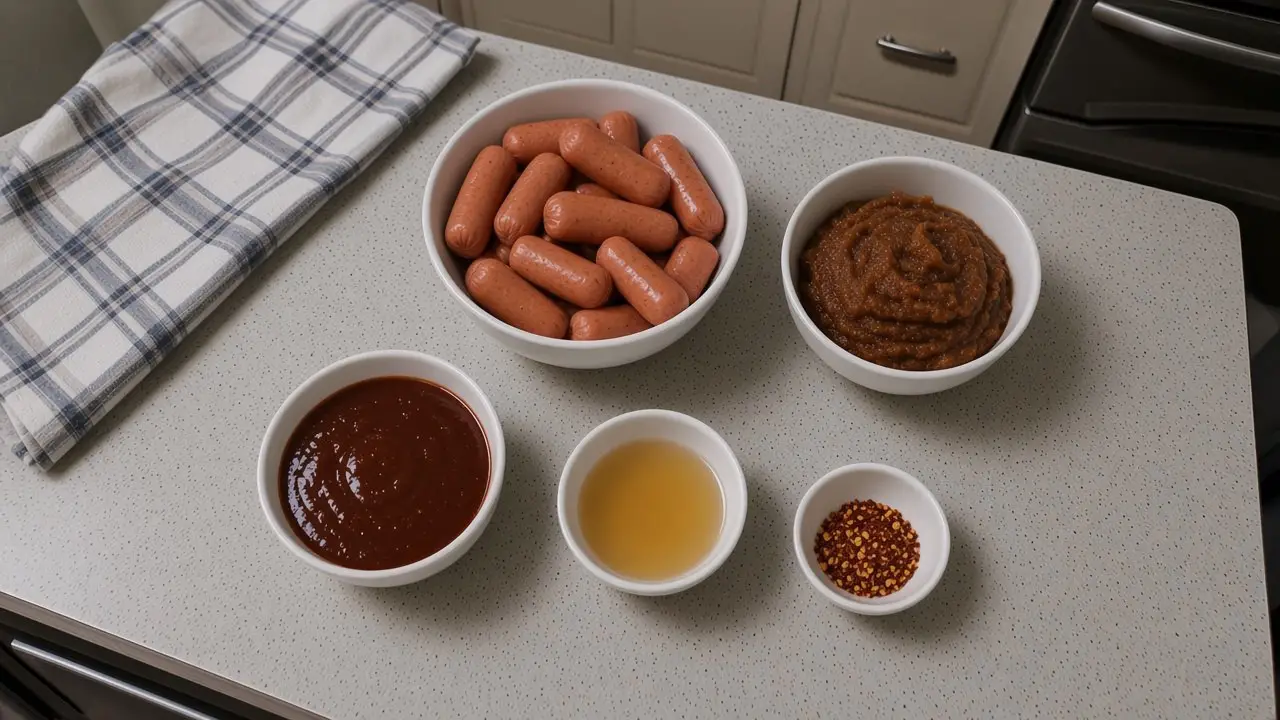 Ingredients for apple butter BBQ little smokies in open bowls: cocktail sausages, apple butter, barbecue sauce, apple cider vinegar and red pepper flakes
