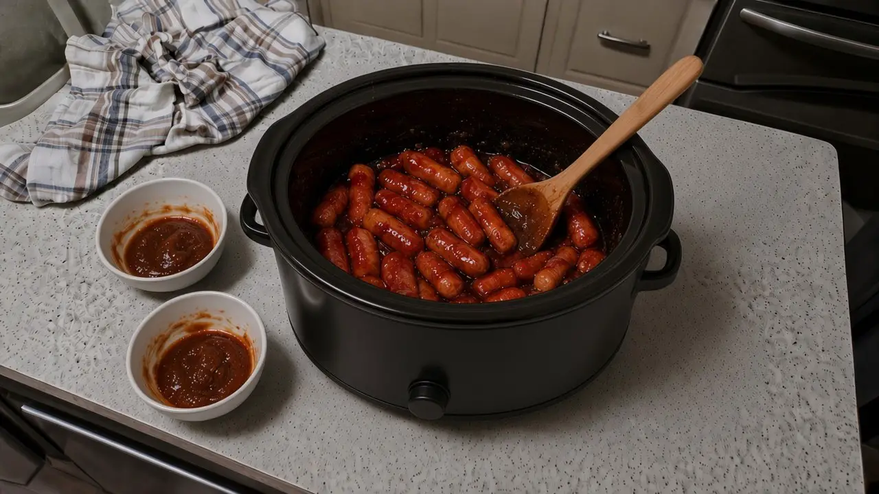 Wooden spoon stirring little smokies with apple butter and barbecue sauce in a slow cooker