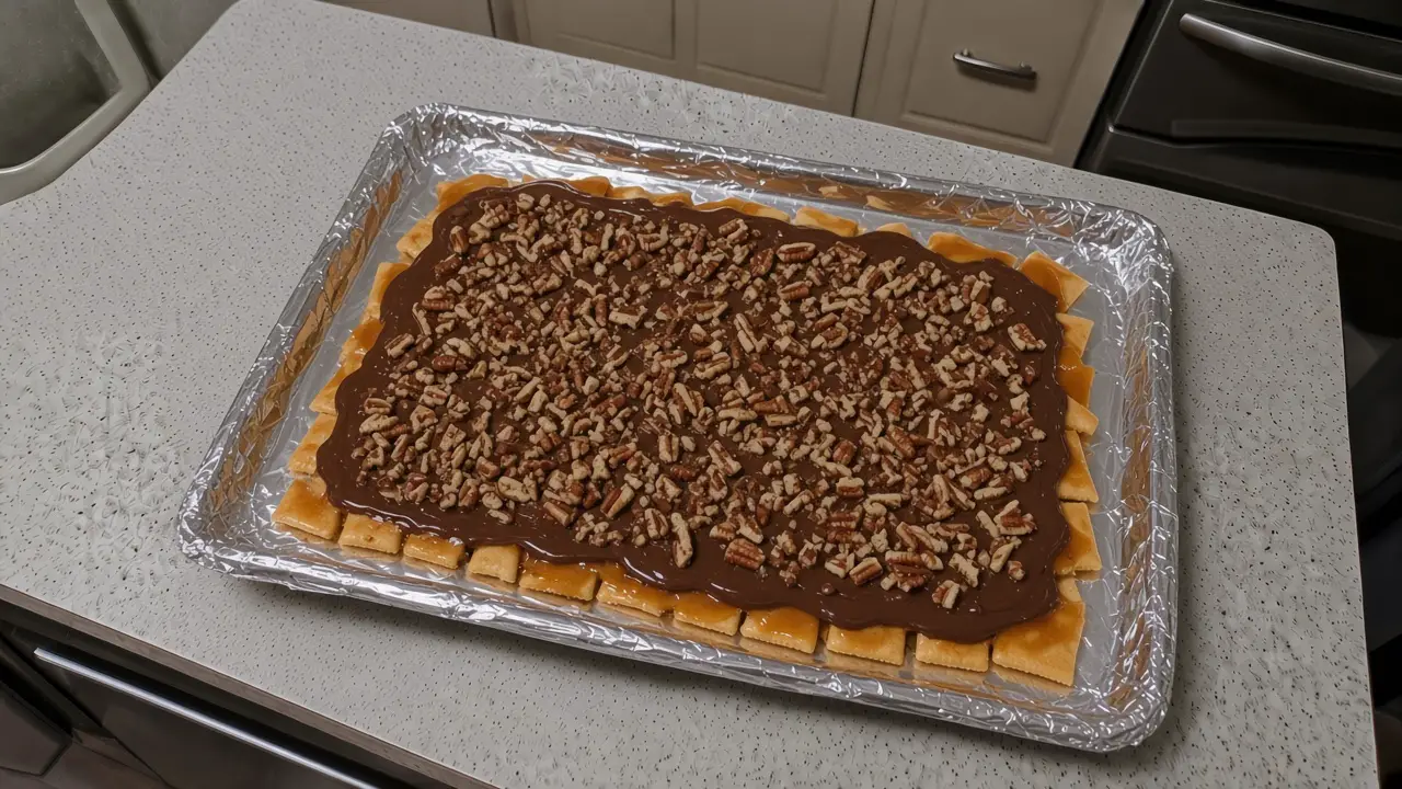 Pieces of Christmas crack saltine toffee piled on a foil-lined baking sheet with chocolate and pecans