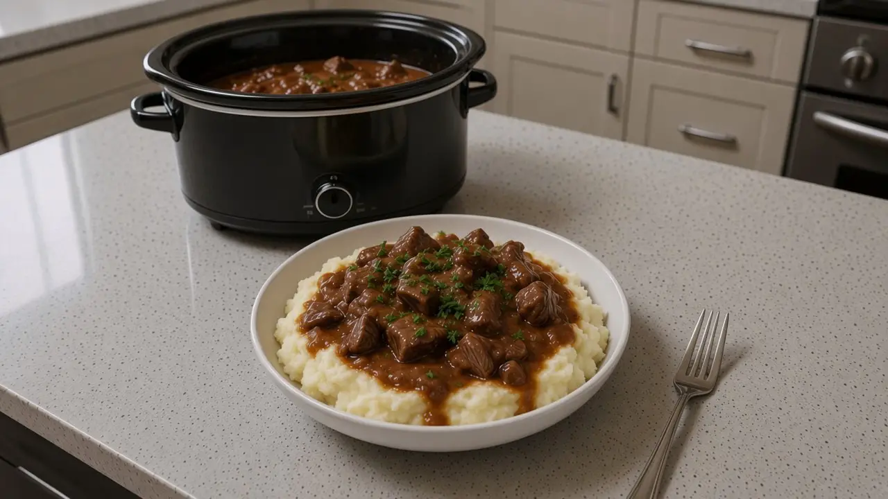 Beef tips and gravy over mashed potatoes in a white bowl with a slow cooker behind it