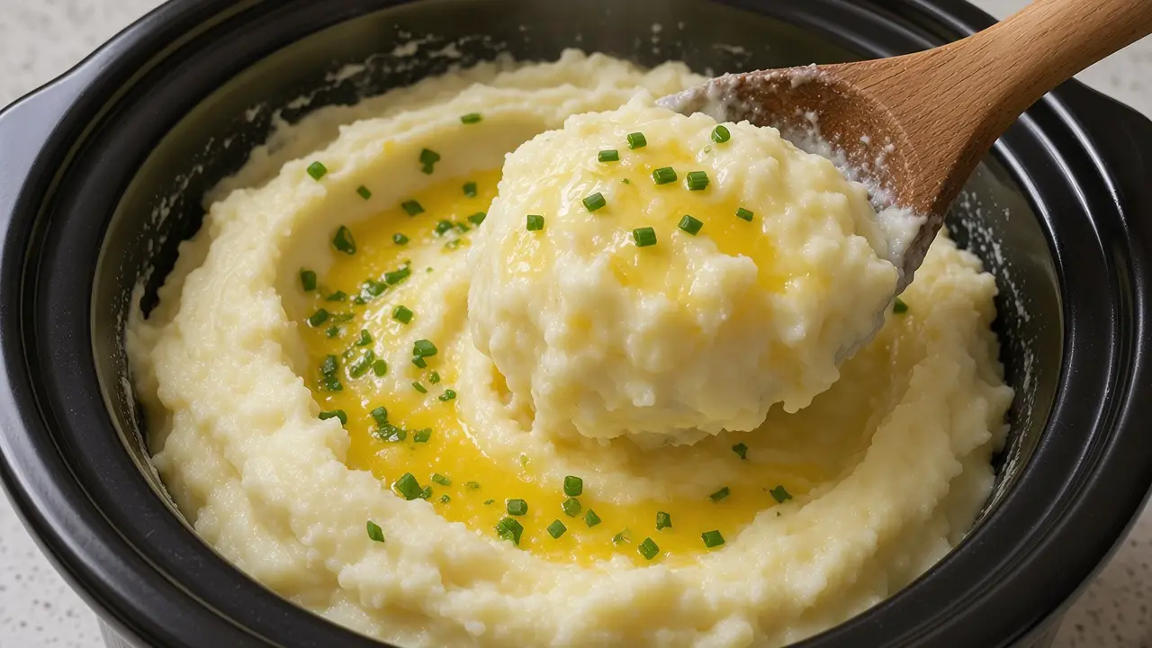 Wooden spoon lifting creamy mashed potatoes with melted butter and chives from a slow cooker