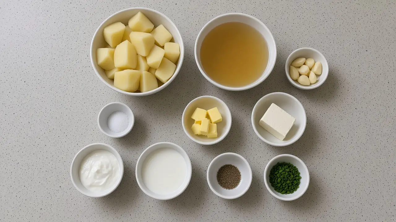 Ingredients for crockpot mashed potatoes in open bowls: peeled Yukon Gold potatoes, chicken broth, garlic, butter, cream cheese, sour cream, milk, salt, pepper and chives