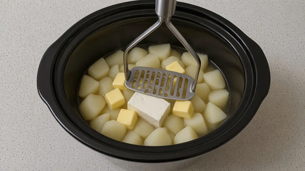 Cooked potato chunks in a slow cooker with butter and cream cheese being mashed with a potato masher
