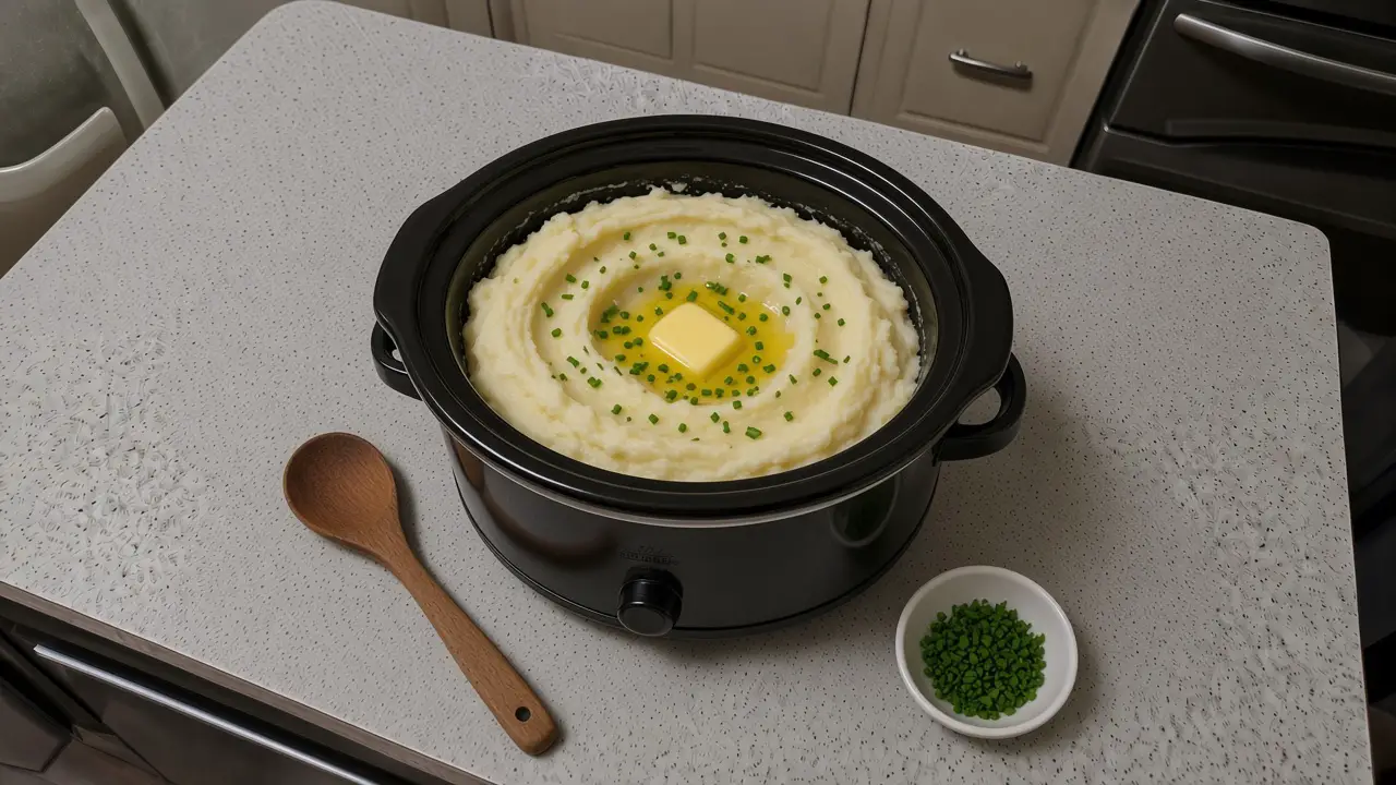 Slow cooker full of creamy mashed potatoes with melting butter and chives