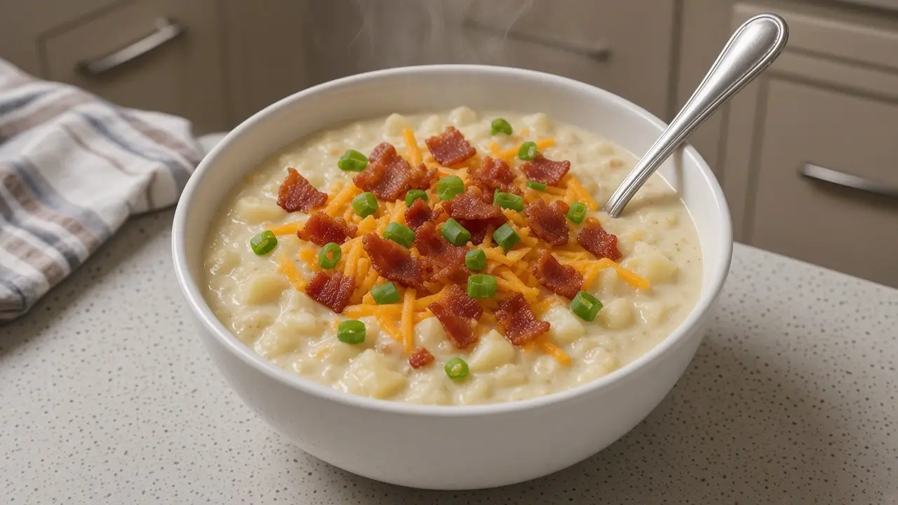 Bowl of creamy crockpot potato soup topped with bacon, cheddar and green onions