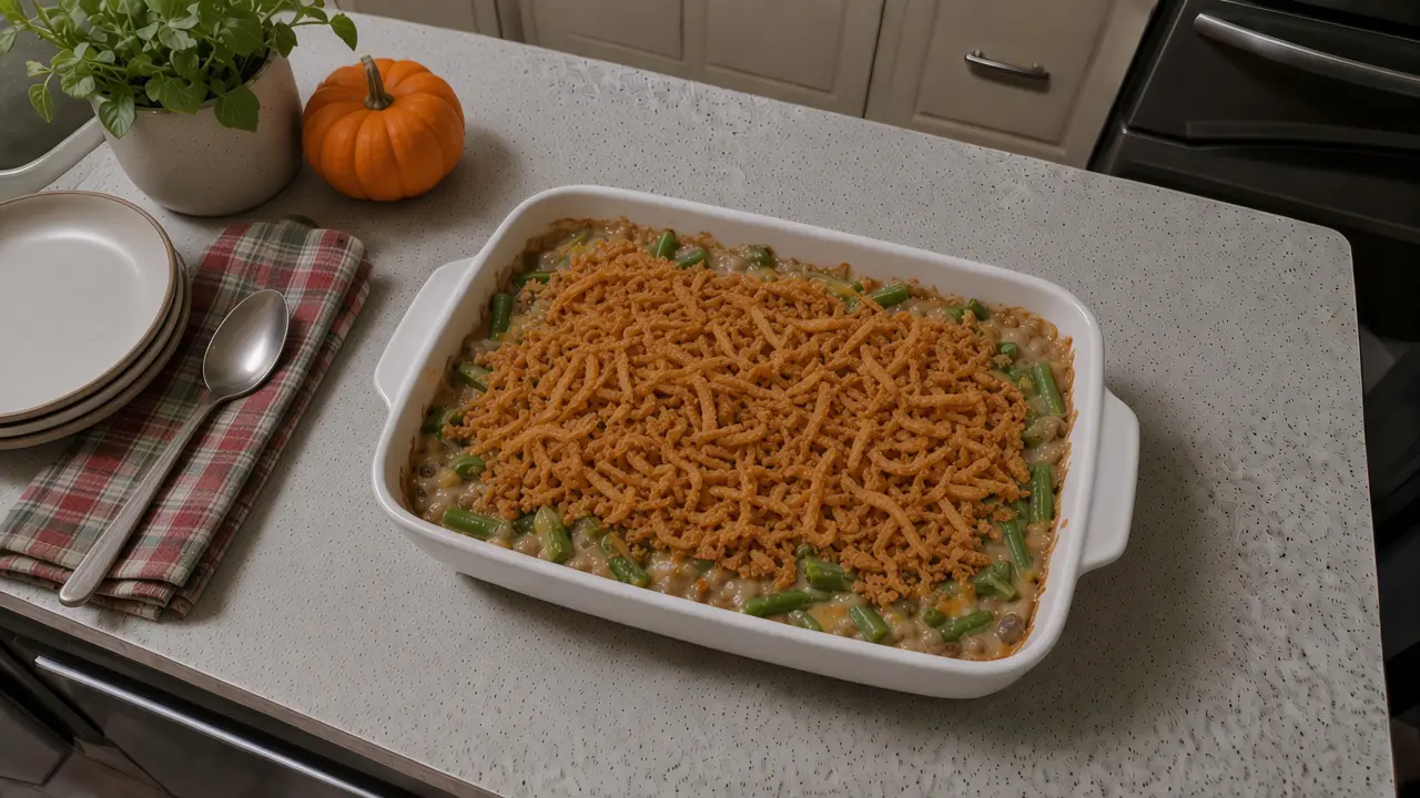 Green bean casserole topped with golden fried onions in a white baking dish