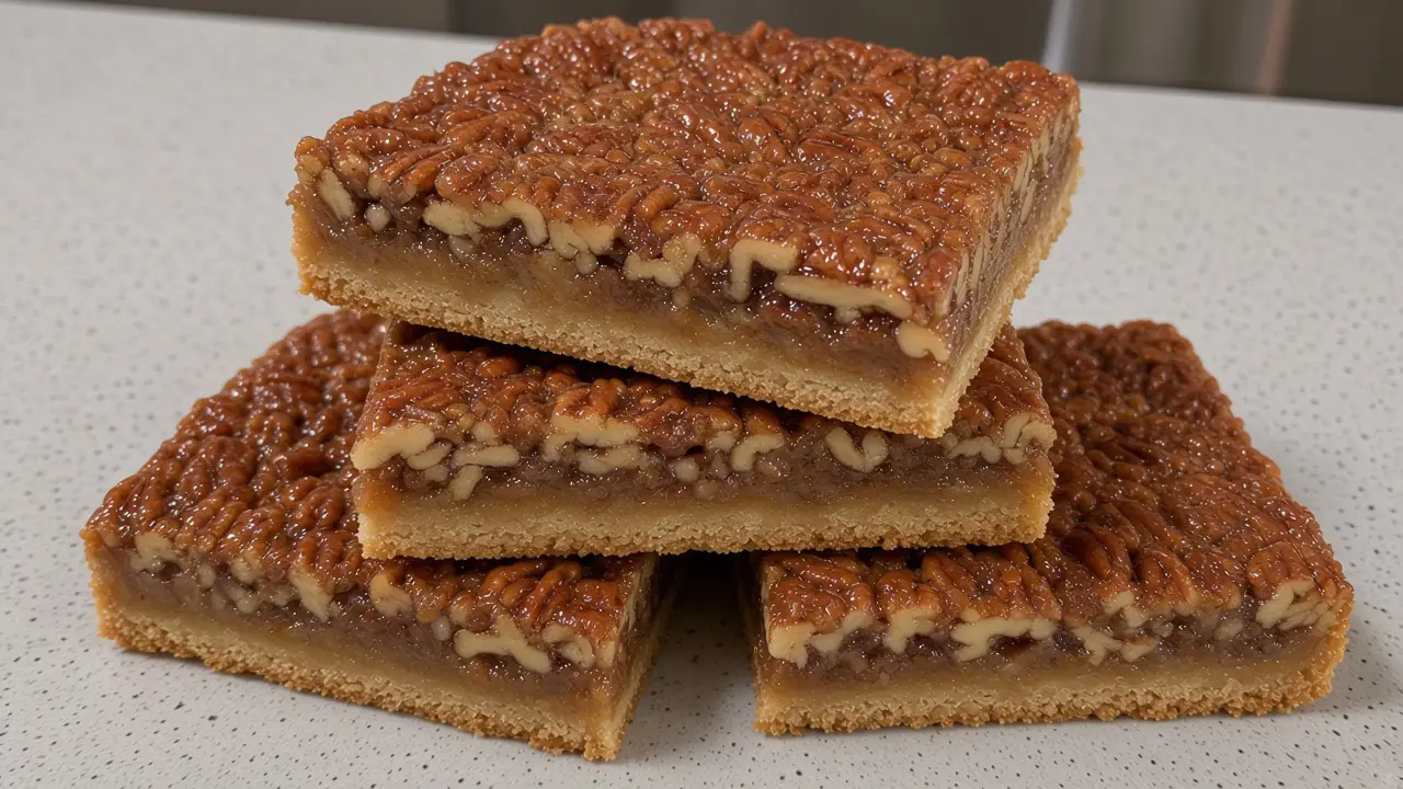 Stacked pecan pie bars showing a shortbread crust and gooey pecan filling