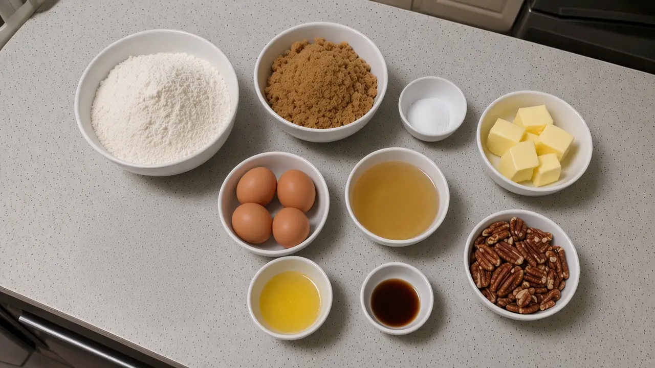 Ingredients for pecan pie bars in open bowls: flour, brown sugar, butter, eggs, corn syrup, vanilla, salt and pecans