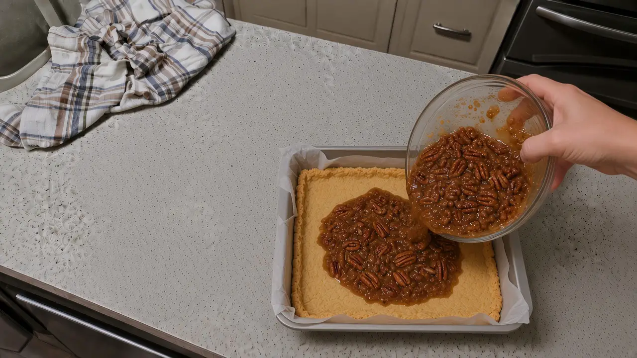 Pecan pie filling being poured over a baked shortbread crust in a parchment-lined pan