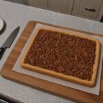 Whole slab of pecan pie bars with a glossy pecan topping