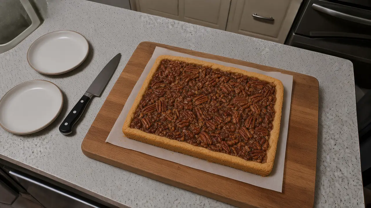 Whole slab of pecan pie bars with a glossy pecan topping