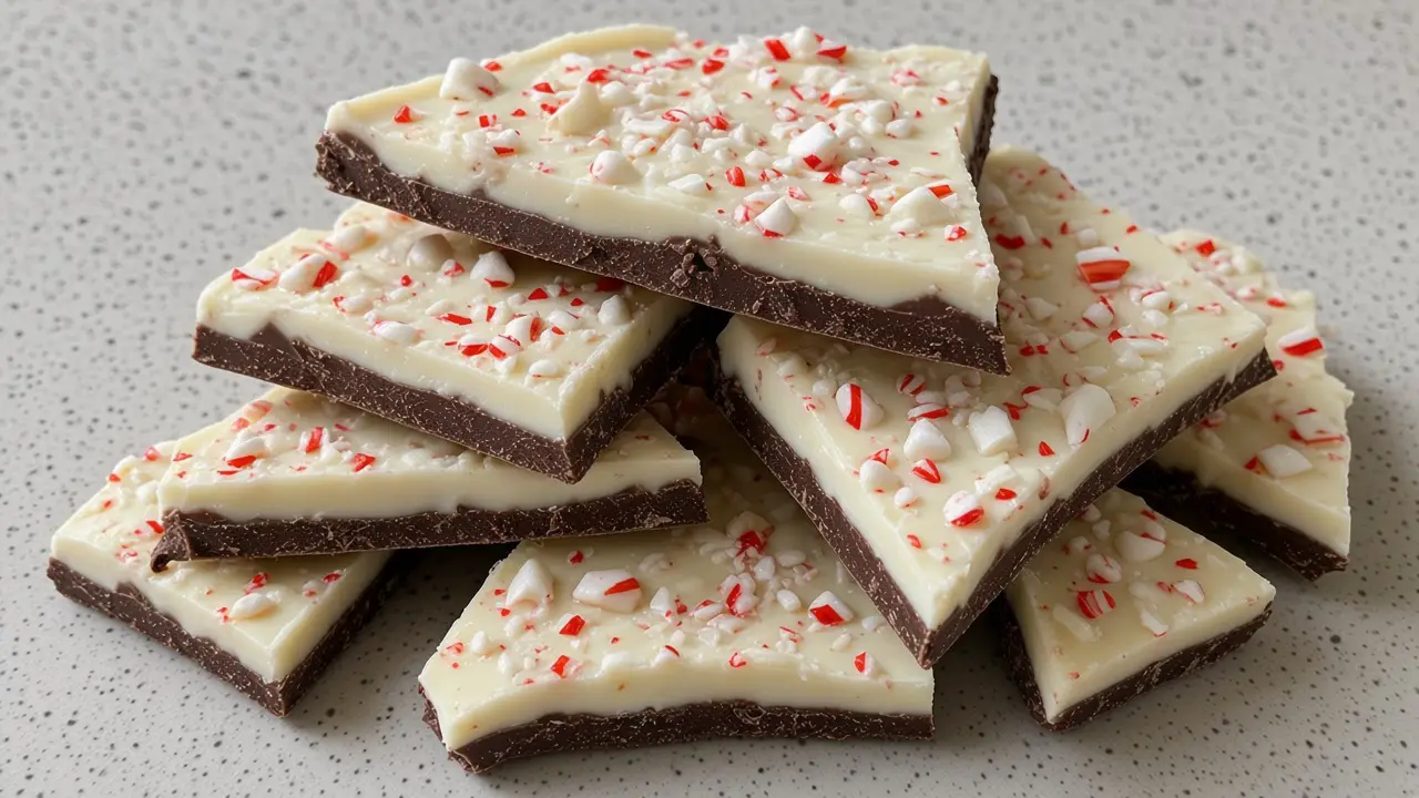 Stack of peppermint bark pieces showing dark and white chocolate layers with crushed candy canes
