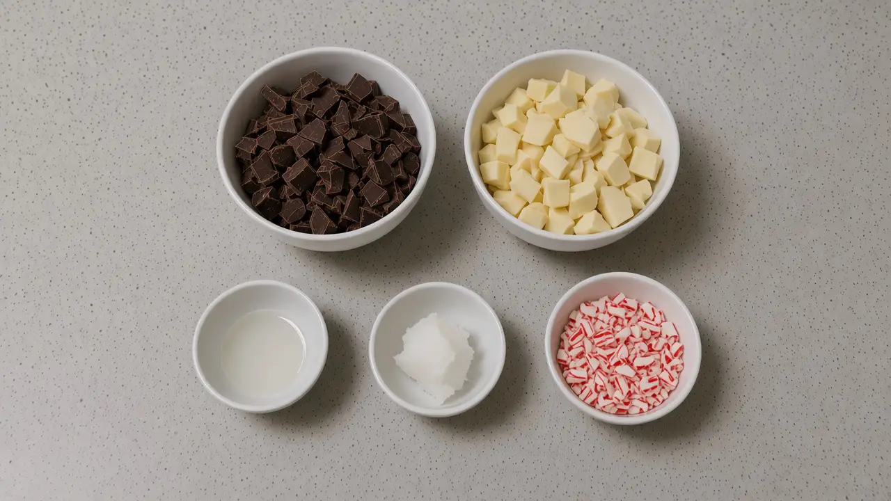 Ingredients for peppermint bark in open bowls: chopped semisweet chocolate, white chocolate, peppermint extract, coconut oil and crushed candy canes