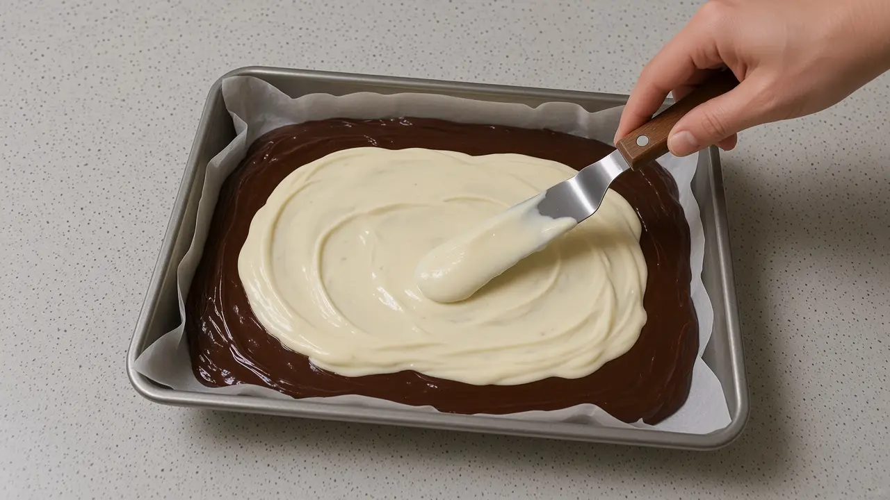 White chocolate being spread over a dark chocolate layer for peppermint bark