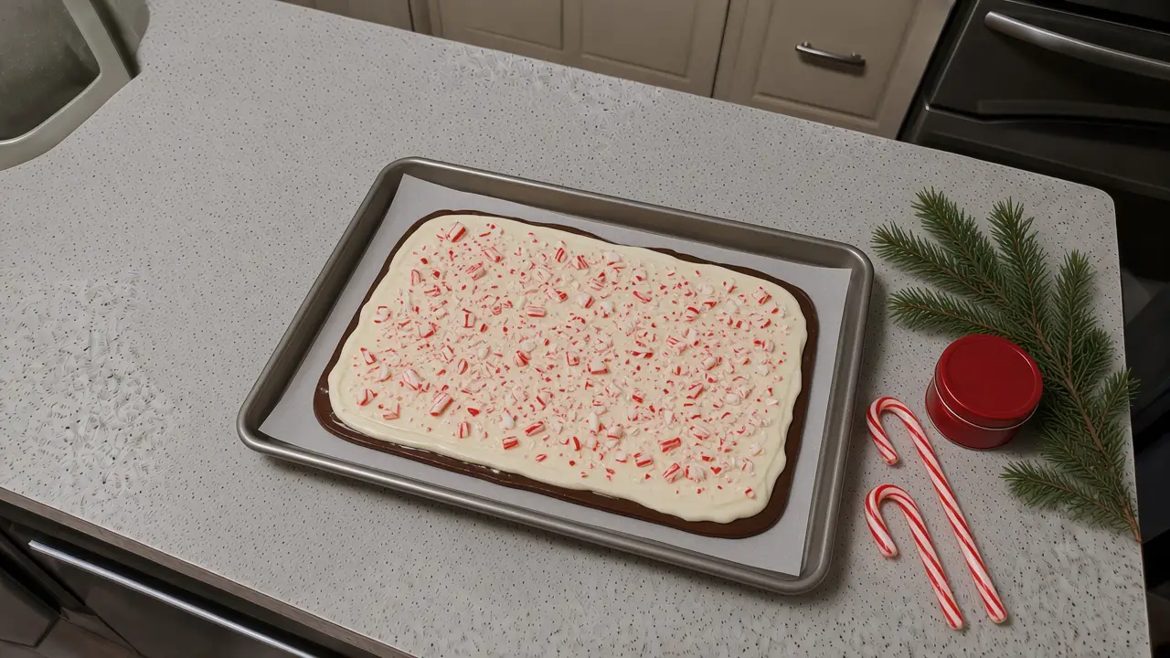 Slab of peppermint bark topped with crushed candy canes on parchment