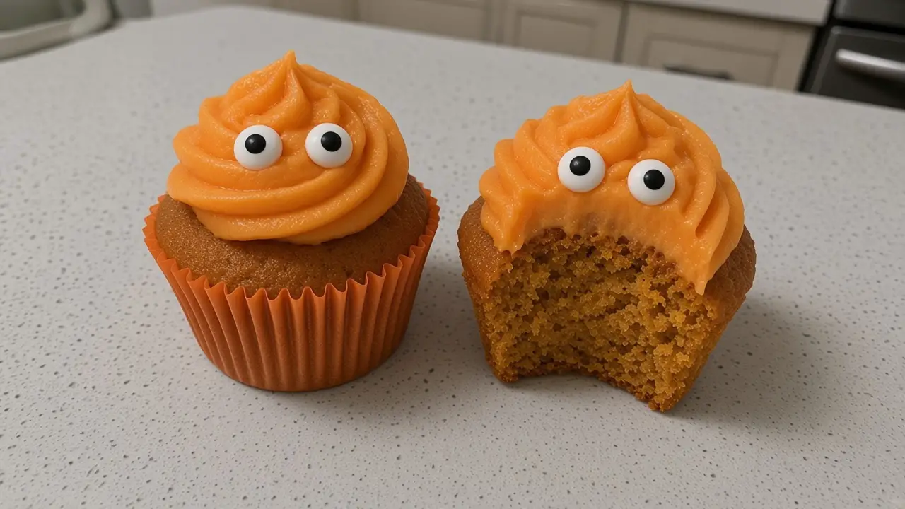 Halloween pumpkin cupcake with orange frosting and candy eyes, bite showing moist pumpkin crumb