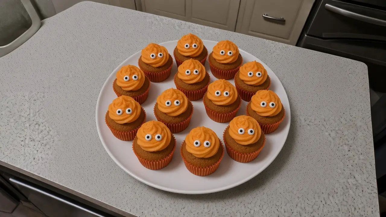 Platter of Halloween pumpkin cupcakes with orange frosting and candy eyes on a speckled counter