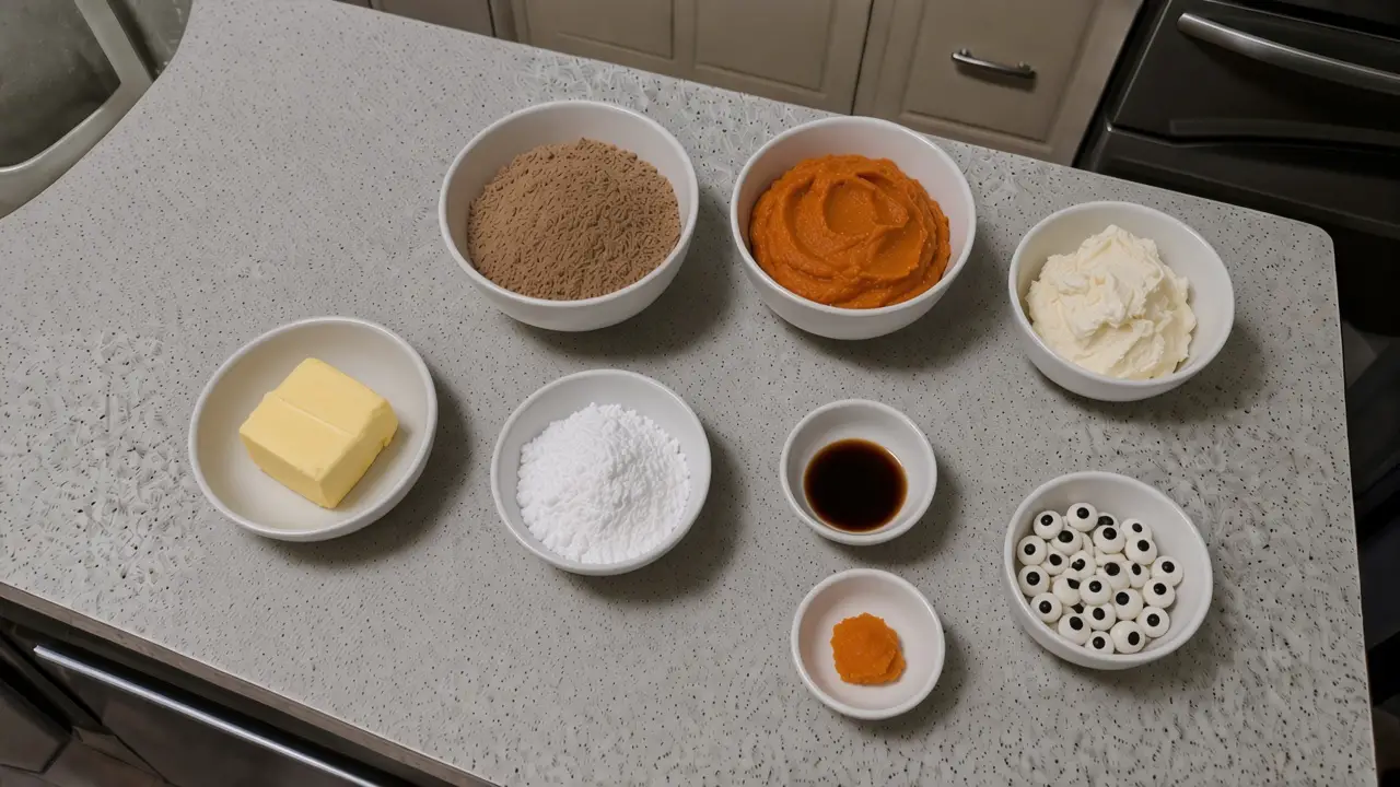 Ingredients for Halloween pumpkin cupcakes in open bowls: spice cake mix, pumpkin puree, cream cheese, butter, powdered sugar, vanilla, orange gel color and candy eyes