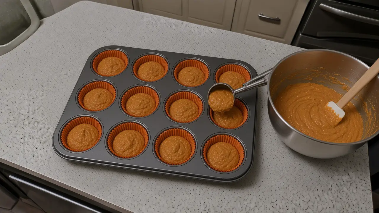 Thick pumpkin cake-mix batter being scooped into Halloween paper liners in a muffin tin